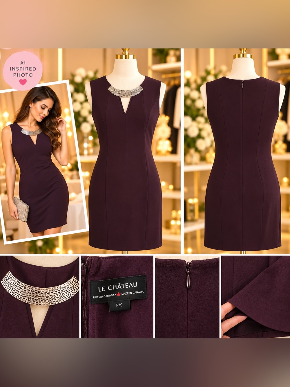 le chateau Plum Sleeveless Sheath Dress with Metallic Accent Neck